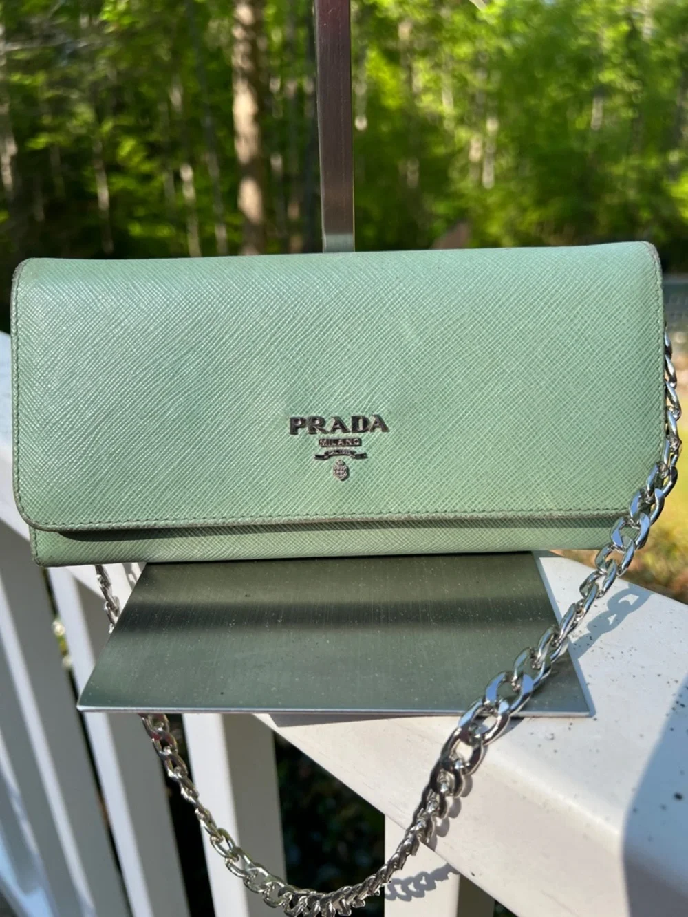 Prada Saffiano Leather Clutch in Mint Green with Silver Chain insert - Picture 3 of 17
